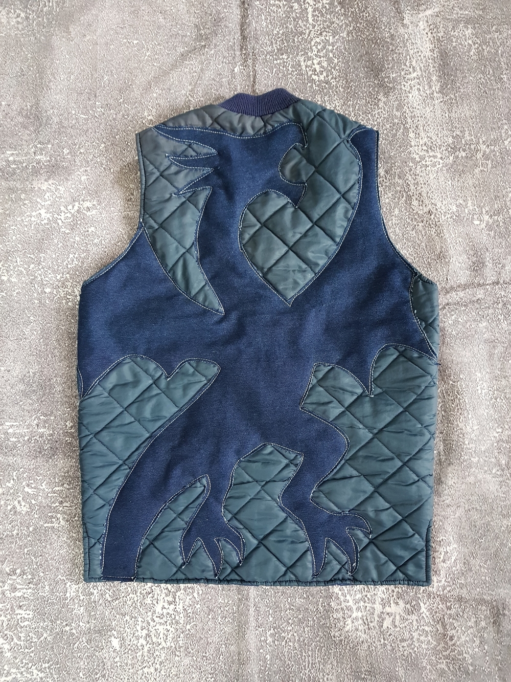 Vintage Upcycled Dragon Patch Quilted Navy Blue Vest